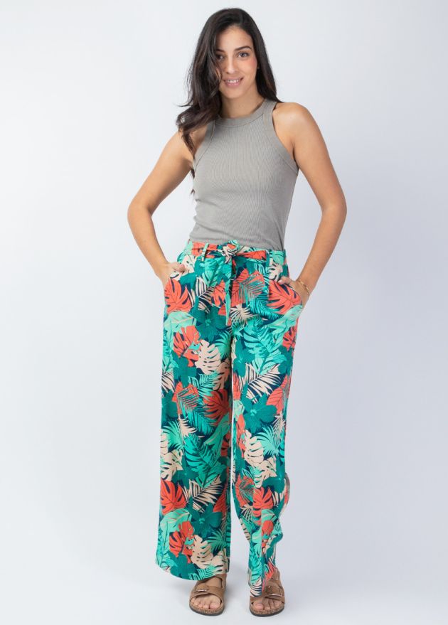 pantalon jambes larges motif fleuri tropical face