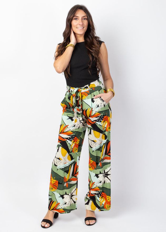 pantalon en viscose jambes larges motif tropical face