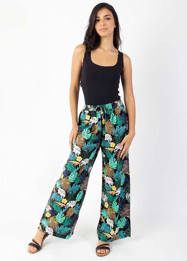 pantalon fluide jambes larges motif tropical vert face