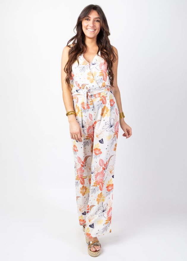 combi pantalon blanc en viscose crêpe jambes larges avec ceinture