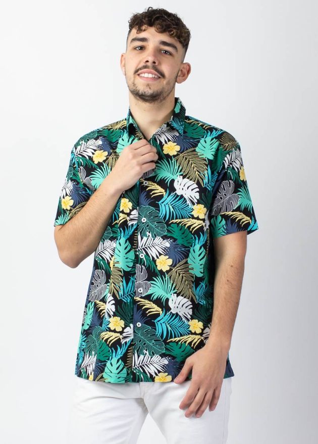 chemise homme été imprimé coloré  vert manches courtes viscose coton zoom