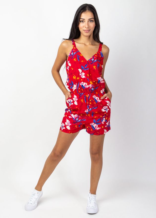 combi short fines bretelles rouge motif fleuri en viscose
