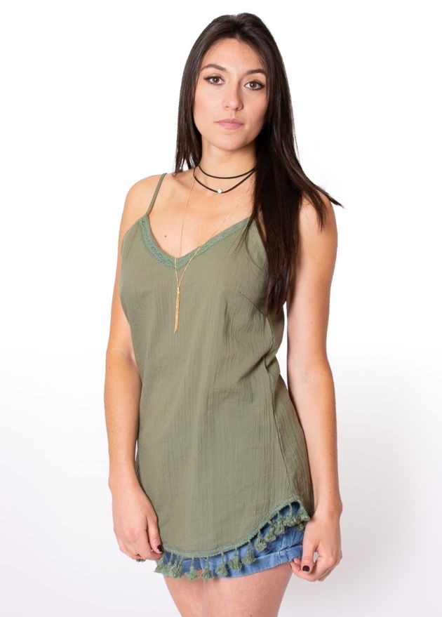 Top 100% coton détail pompons PERRINE kaki