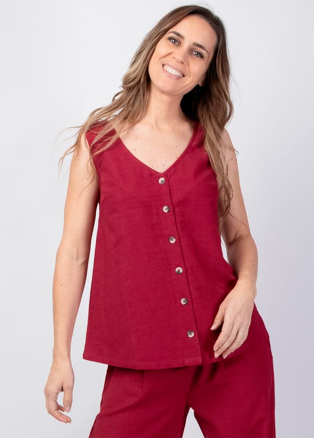 top femme été sans manches encolure en v uni framboise zoom