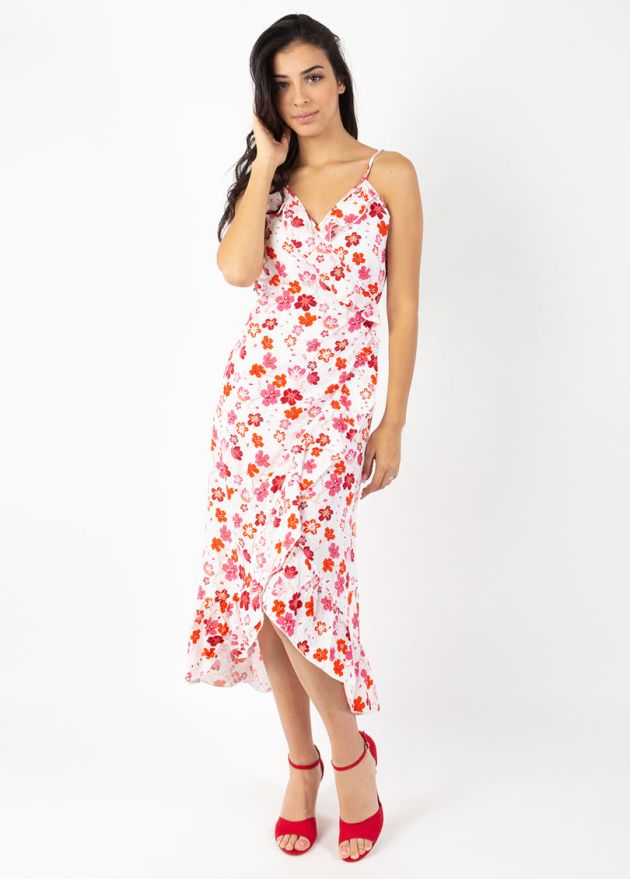 robe longue romantique blanche motif fleuri fines bretelles