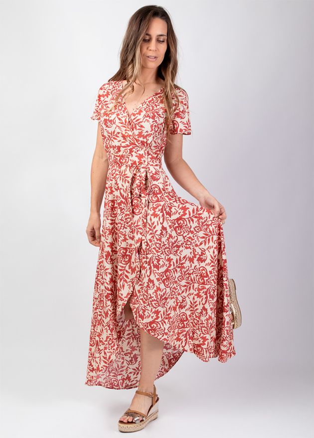 robe longue viscose manches courtes motif ethnique face