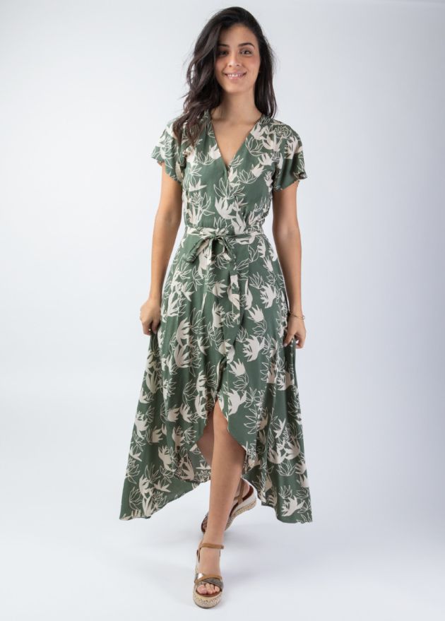 robe longue viscose manches courtes motif floral fleur de lotus