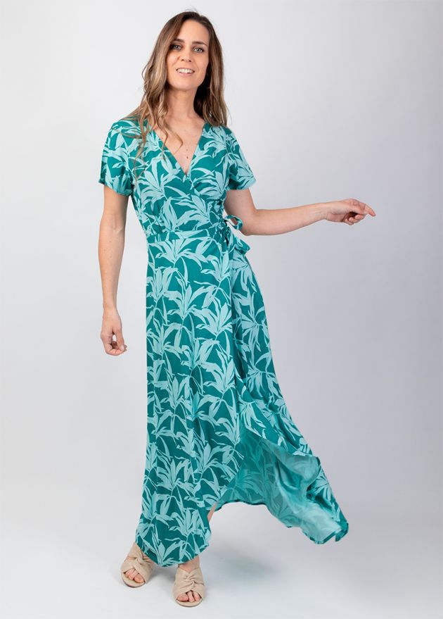 robe longue viscose manches courtes motif floral bleu turquoise