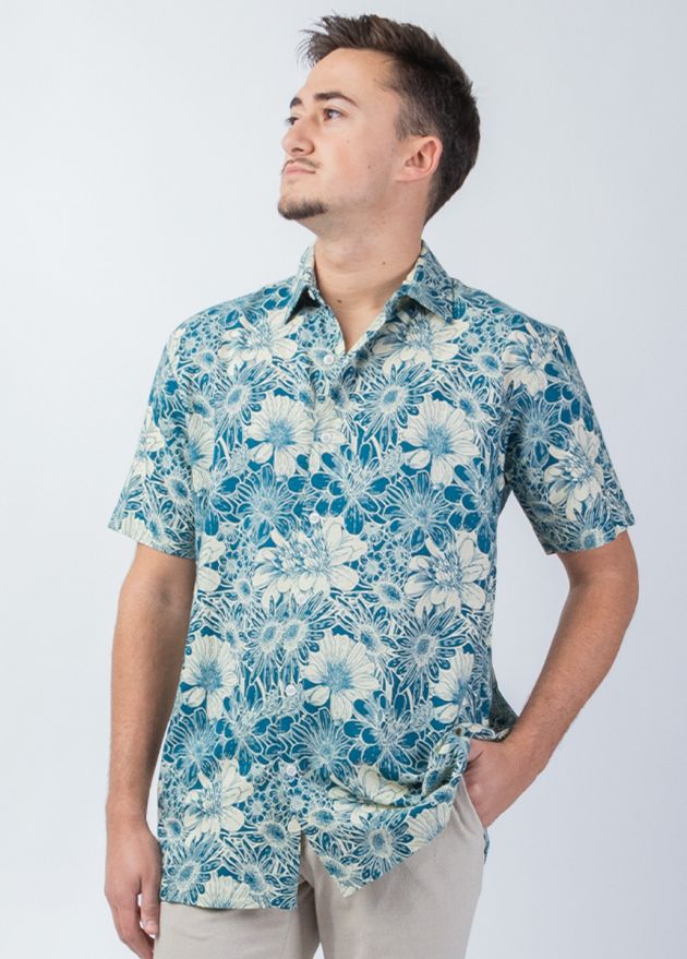 chemise homme casual bleu imprimé fleurs zoom