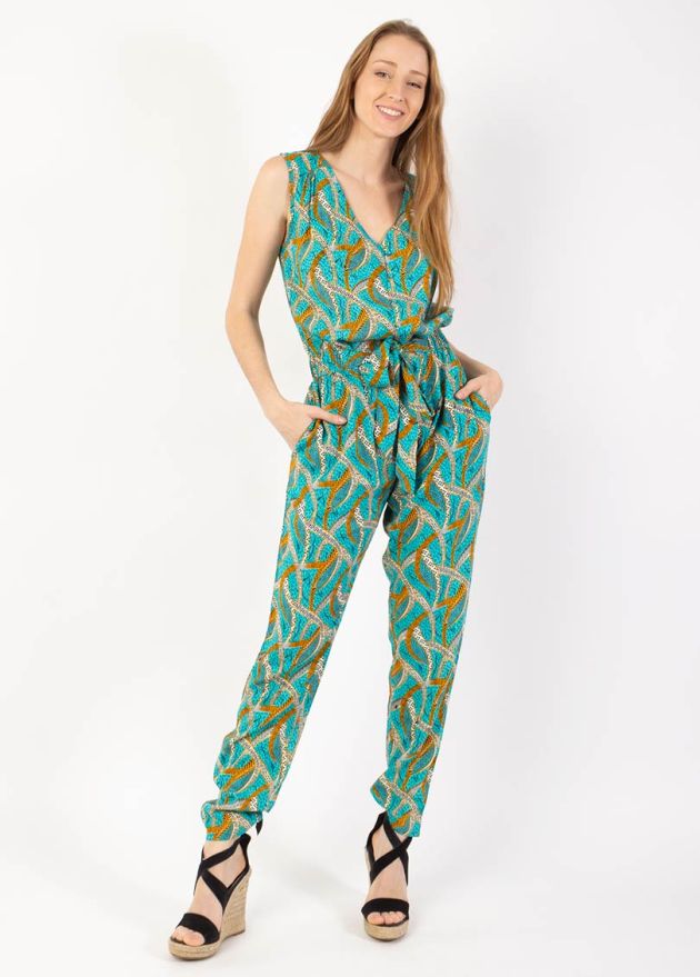 combi pantalon motif ethnique africain bleu face