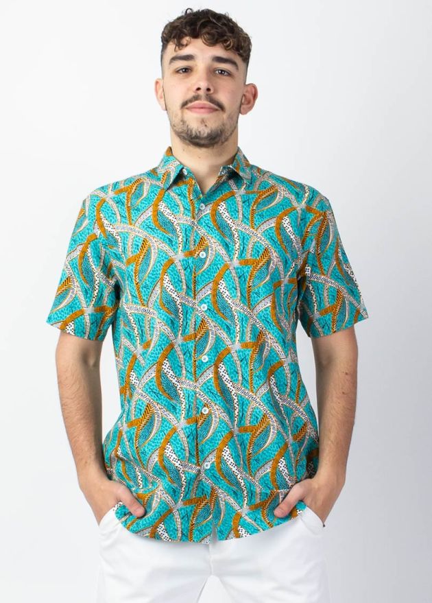 chemise homme été manches courtes motif ethnique bleu