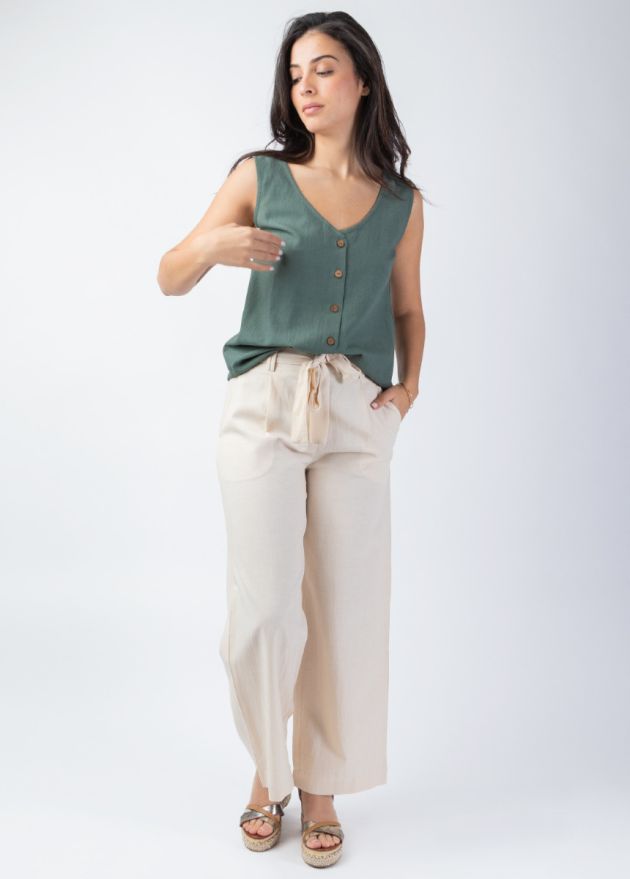 pantalon uni beige femme été deux poches biais face