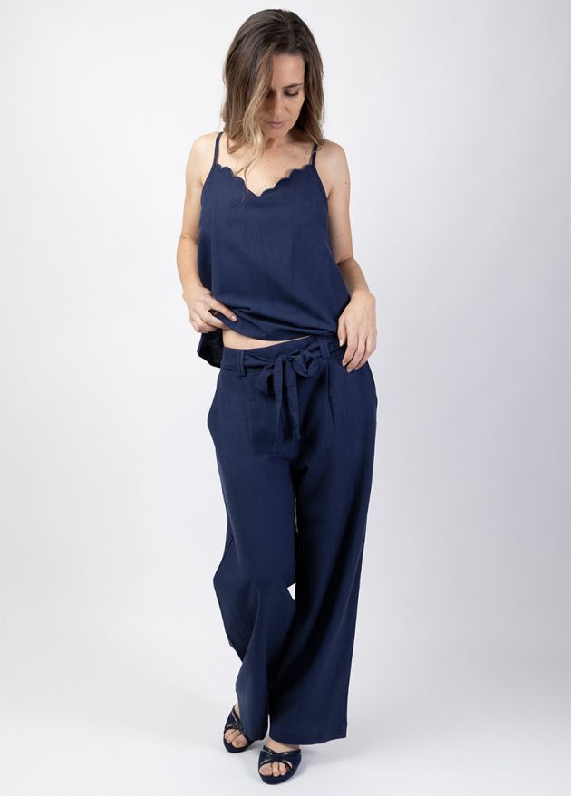 pantalon femme uni bleu marine deux poches biais face