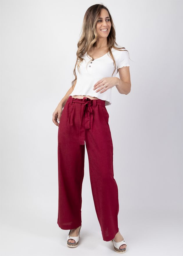 pantalon femme uni couleur framboise deux poches biais face