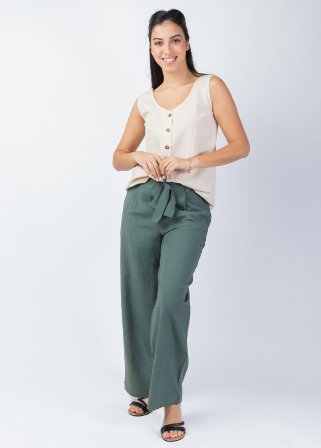 pantalon uni kaki femme été ceinture fixe face