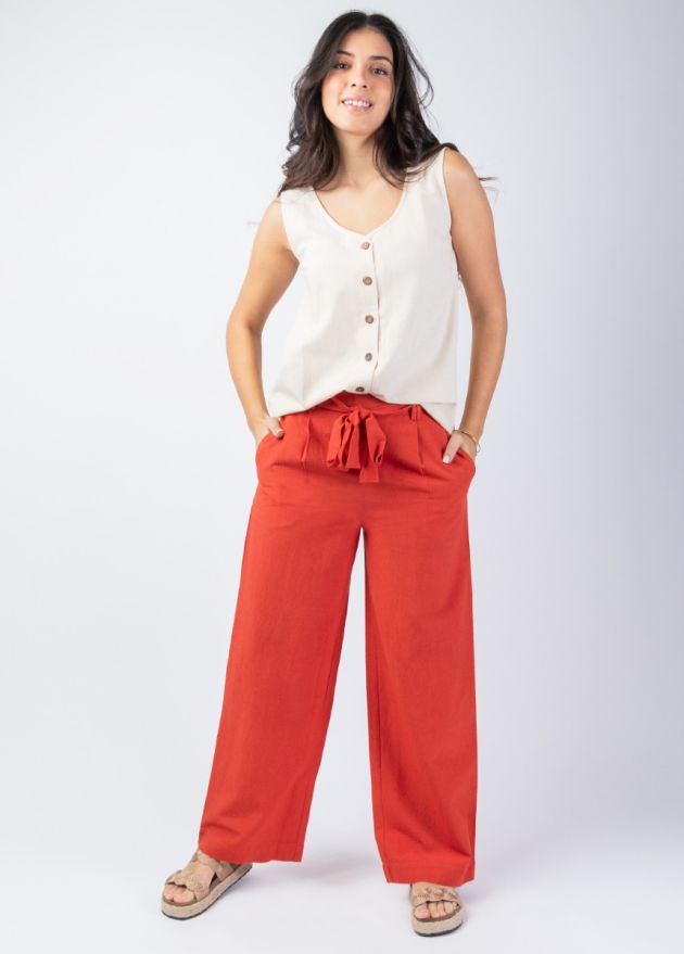 pantalon femme uni terracotta deux poches biais face
