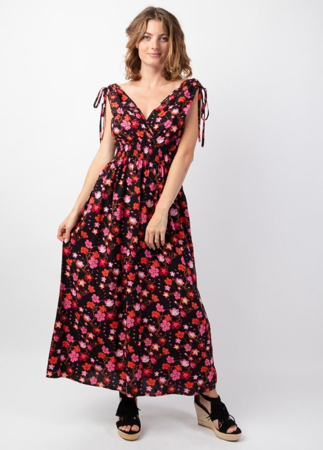 robe longue larges bretelles taille élastiquée noire imprimé fleuri face