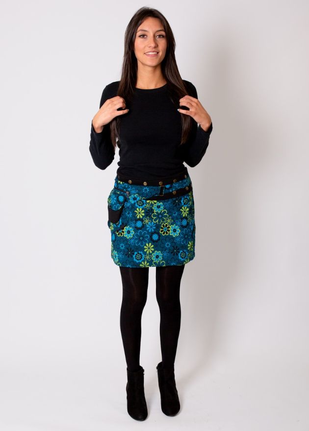 jupe courte hiver femme à pression imprimé fleuri bleu et jaune