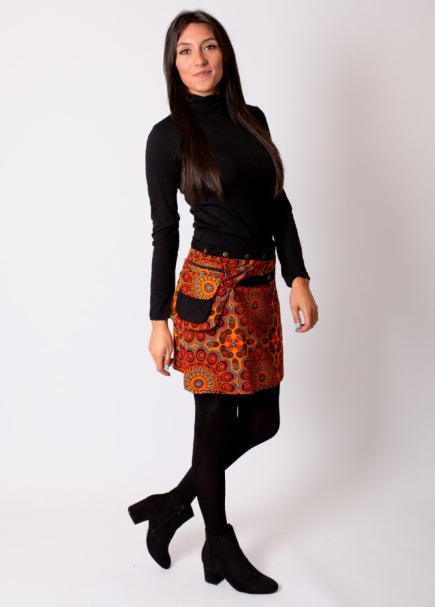 jupe courte hiver femme motifs ethniques orange profil