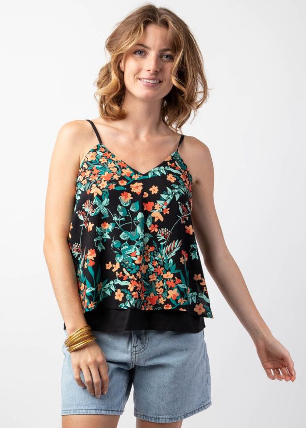 top noir fines bretelles imprimé fleuri zoom