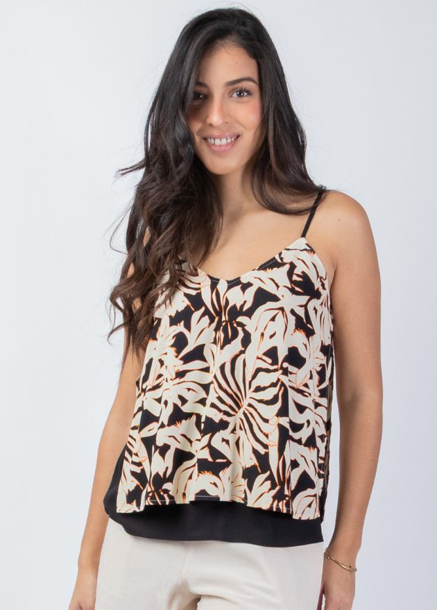 top ethnique fines bretelles imprimé africain noir et beige zoom