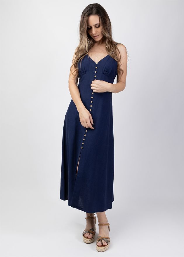 robe longue unie bleu marine à fines bretelles face