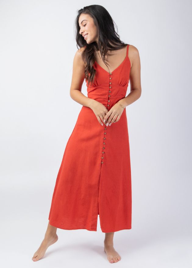 robe longue orangé fines bretelles face