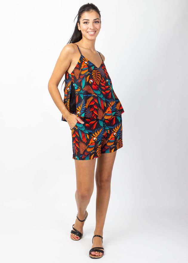 combi short fines bretelles motif ethnique animalier face