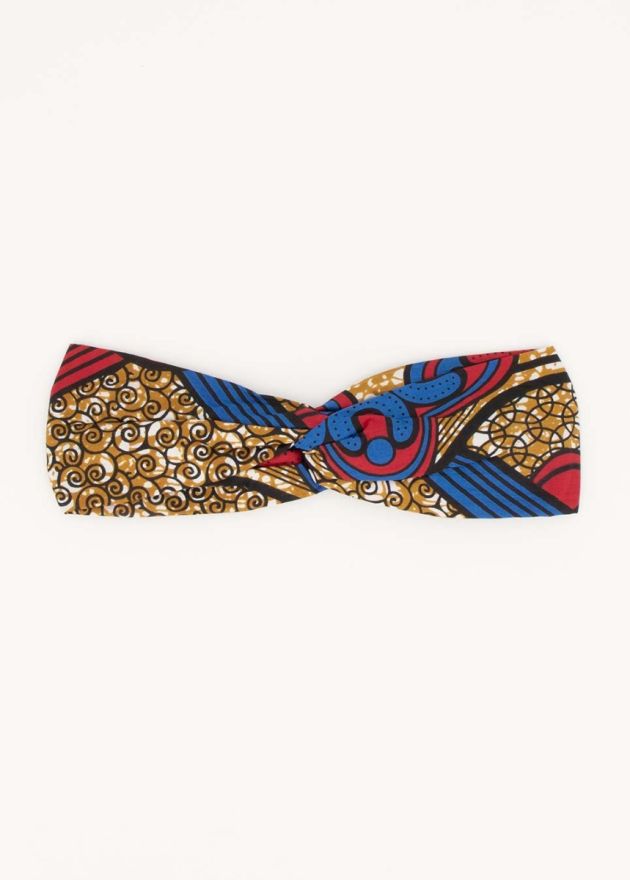 bandeau nœud imprimé africain doré bleu et rouge