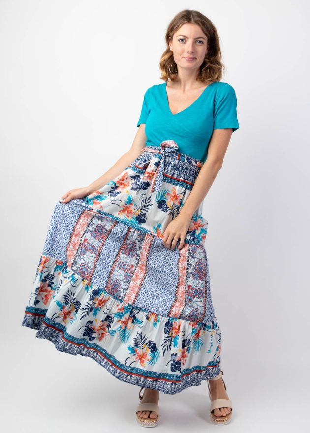 jupe longue femme été imprimé patchwork bleu face