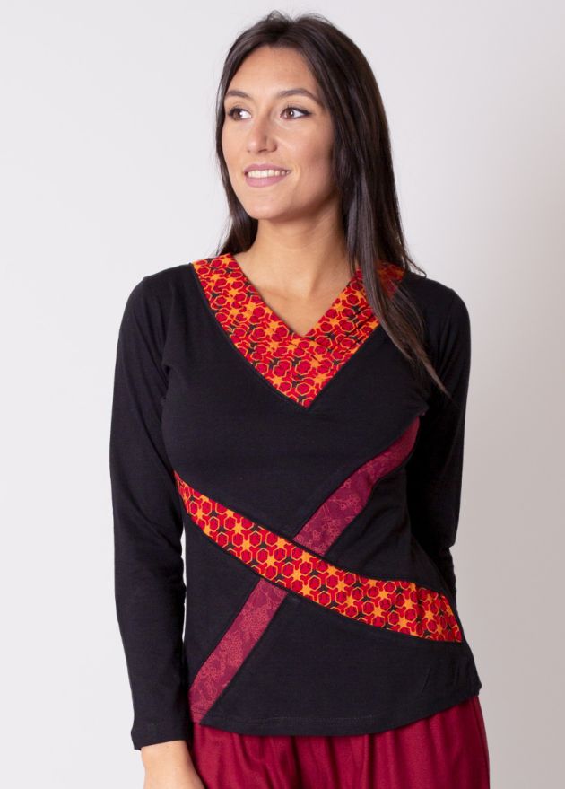 top femme hiver col V noir rouge