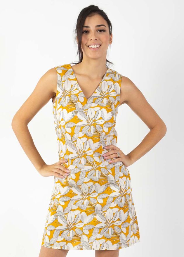 robe courte coton motif feuillage jaune zoom