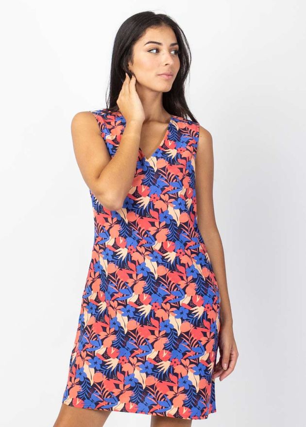 robe courte en coton larges bretelles motif tropical encolure v zoom