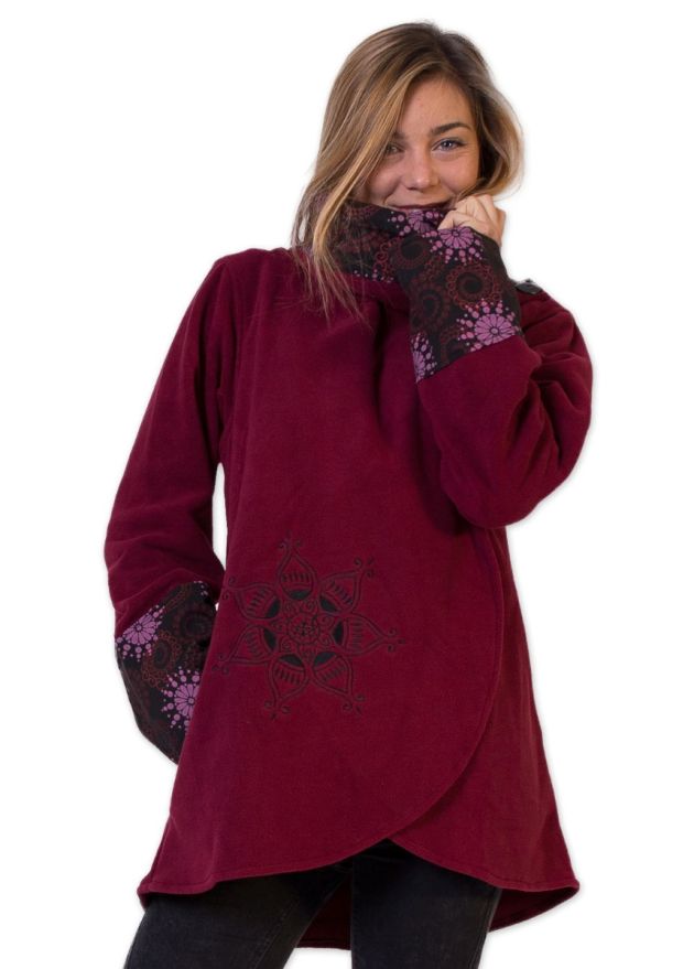 veste polaire femme coupe courte col montant bordeaux