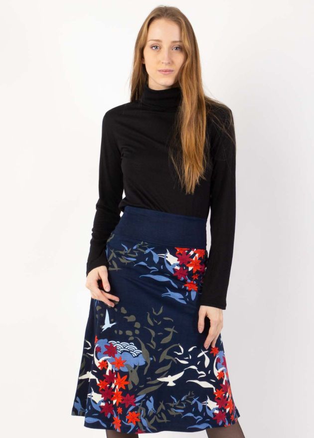jupe midi motifs japon ceinture uni bleu