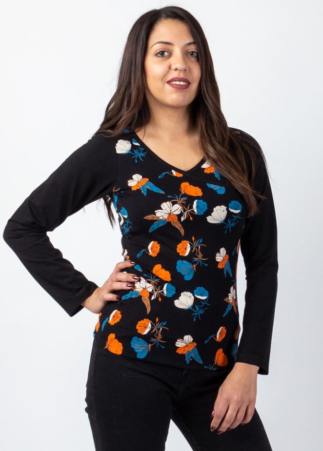 top en coton hiver noir manches longues motif fleuri zoom