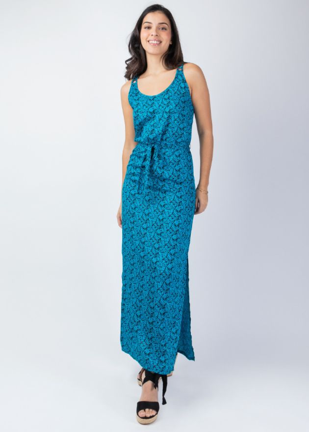 robe longue en viscose dos ajouré motif ethnique bleu face