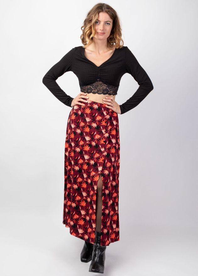 jupe longue hiver fendue bordeaux face