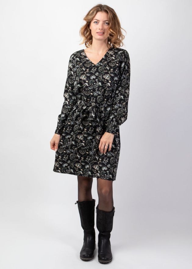 Robe courte droite manches longues LOINA imprimé ethnique chic