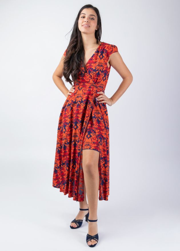 robe mi-longue baroque chic encolure en v croisé doublure