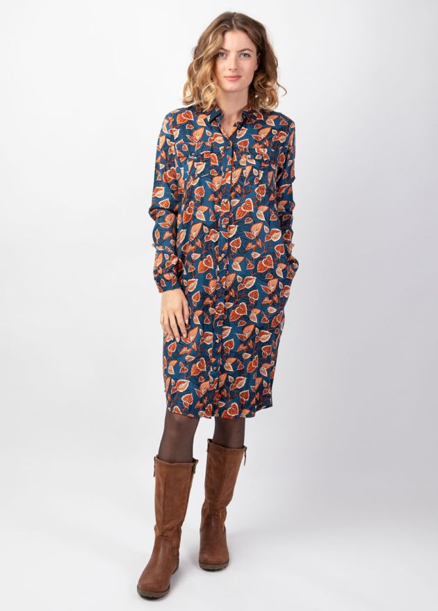 robe chemise hiver avec poches motif automnal bleu et marron