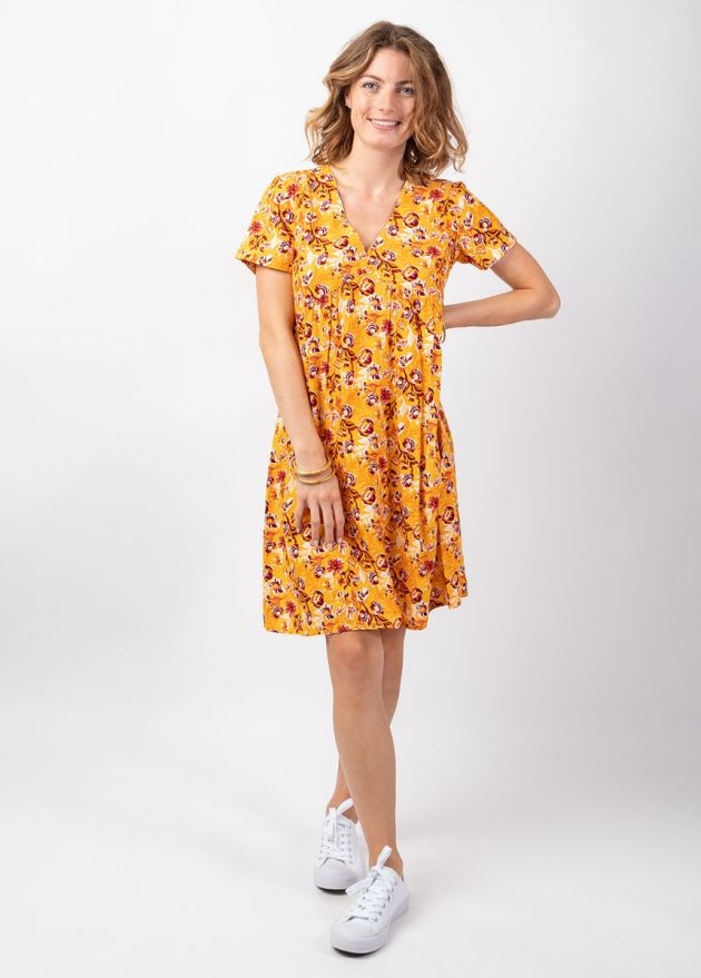 robe courte été manches courtes coupe ample jaune fleuri face