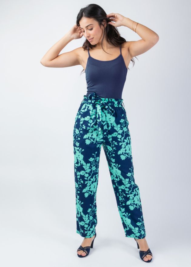 pantalon fluide motif fleuri turquoise ceinture amovible face
