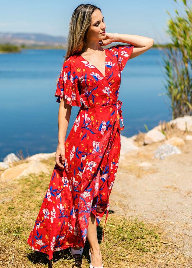 robe longue viscose manches courtes effet papillon motif fleuri exterieur