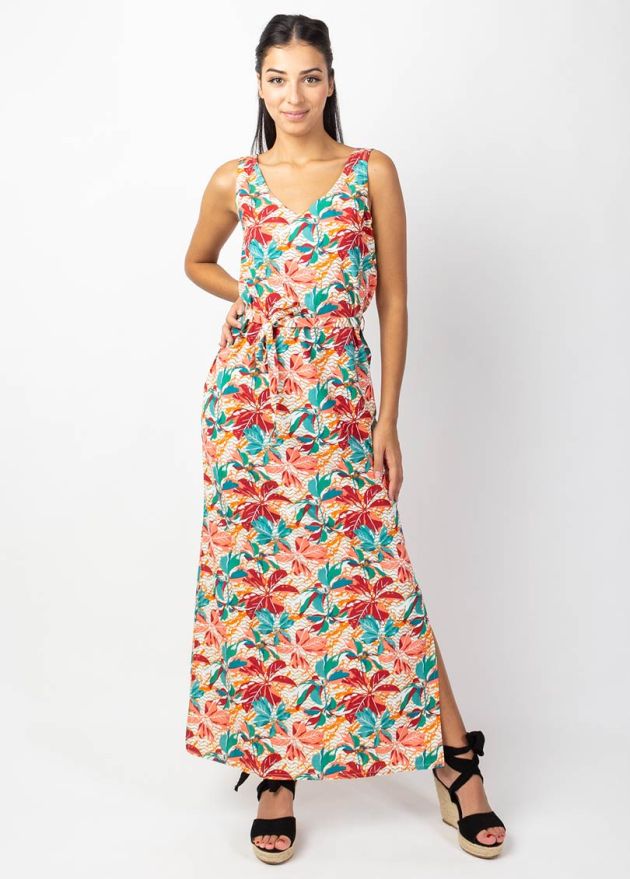 robe longue motif tropical coloré viscose coton face