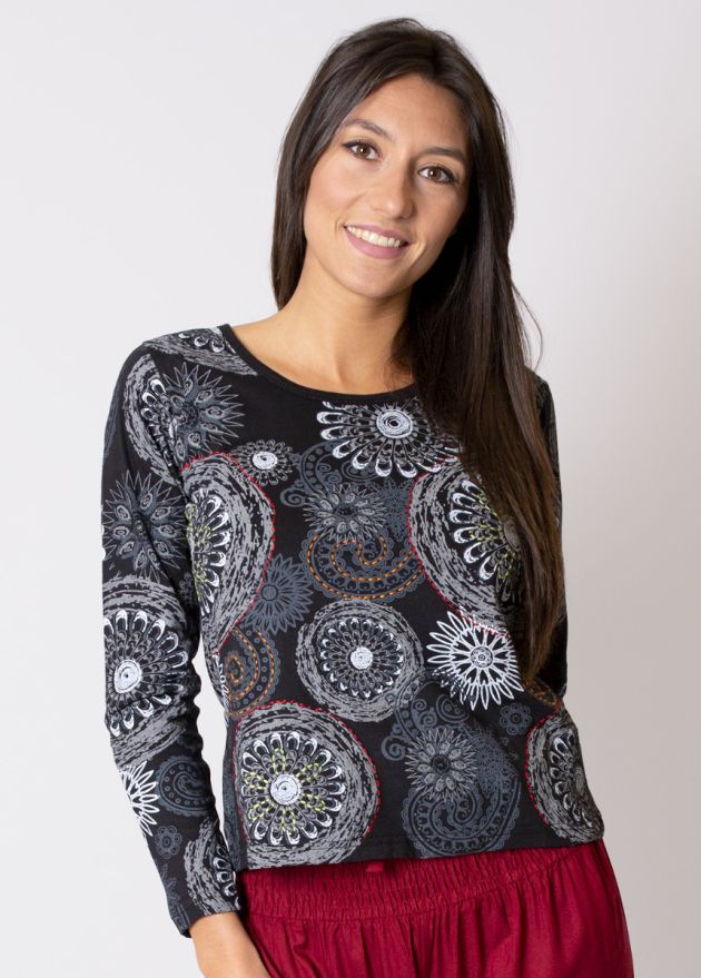 Top en coton SILKI gris imprimé rosaces
