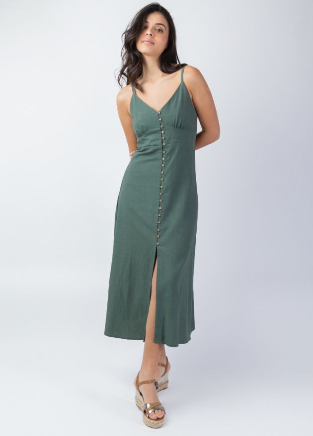 robe longue unie kaki fines bretelles face