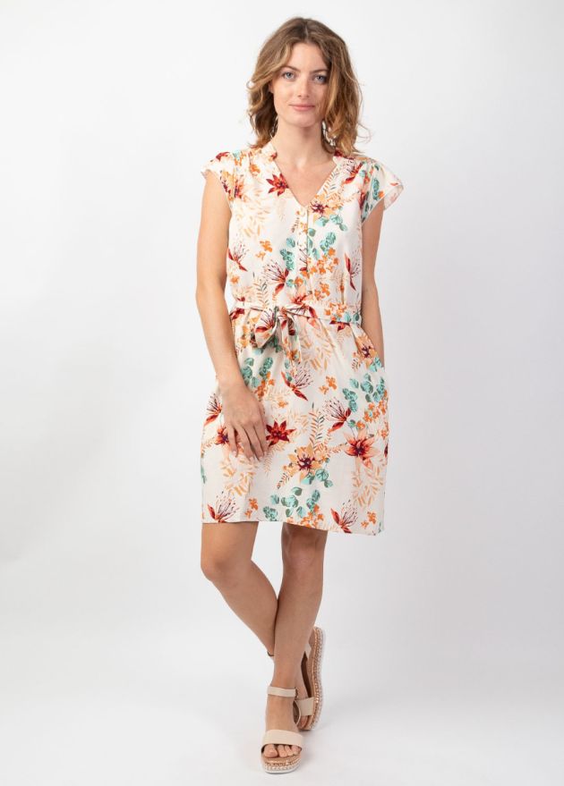 robe courte encolure en v petites manches sur l'épaule motif fleuri doux face