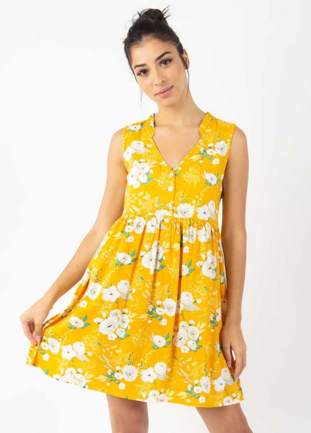 robe courte imprimé fleuri jaune zoom
