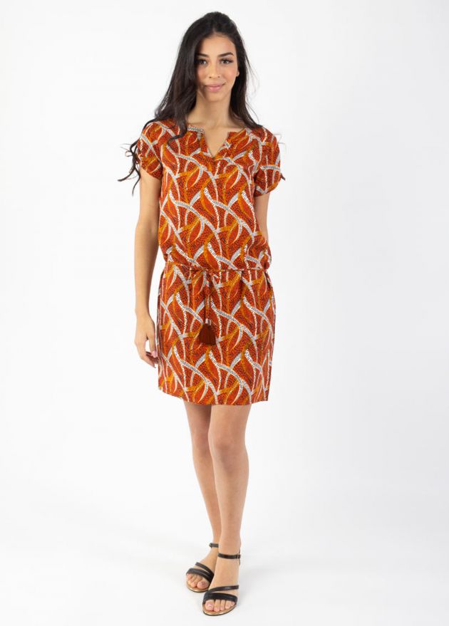 robe courte viscose imprimés savane orange face